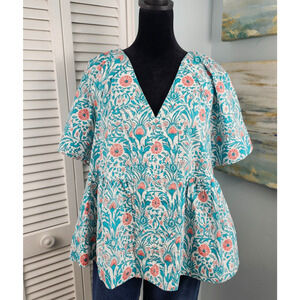Crown & Ivy Floral Blouse Small V-Neck Short Sleeve Cotton Top Teal Coral White